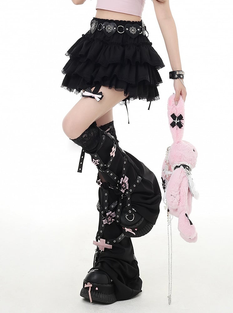 赤/ピンク/黒のレーストリムY2Kティアードスカート、グラマラス