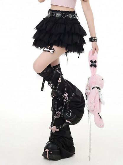 赤/ピンク/黒のレーストリムY2Kティアードスカート、グラマラス