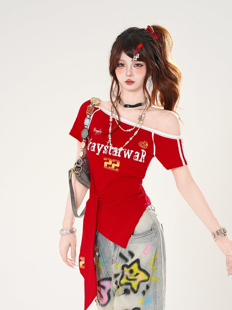 Red/Blue Straps at Waist Asymmetrical Neckline Blokette Core T-shirt Self-tie
