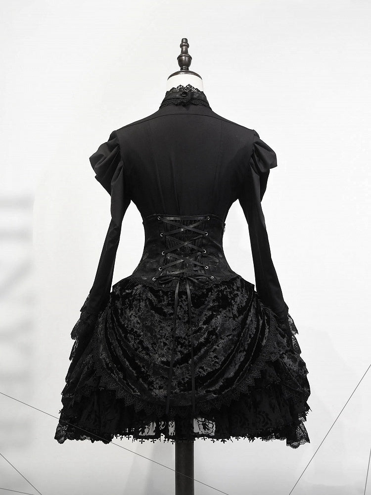 Long Sleeves Shirt Gothic High Boned Black Set All Lolita - Bell + Full Tie Mini Hat Jabot Skirt Waist