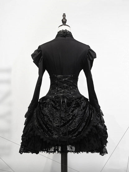 Long Sleeves Shirt Gothic High Boned Black Set All Lolita - Bell + Full Tie Mini Hat Jabot Skirt Waist