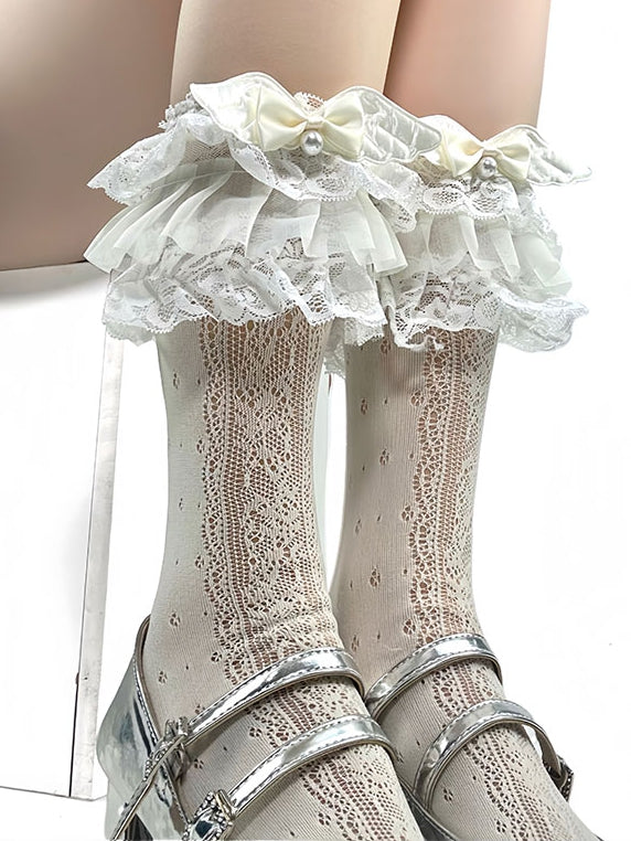 Lace Trim Bowknot Lolita Calf And Beaded Decorated Socks Beige Wings