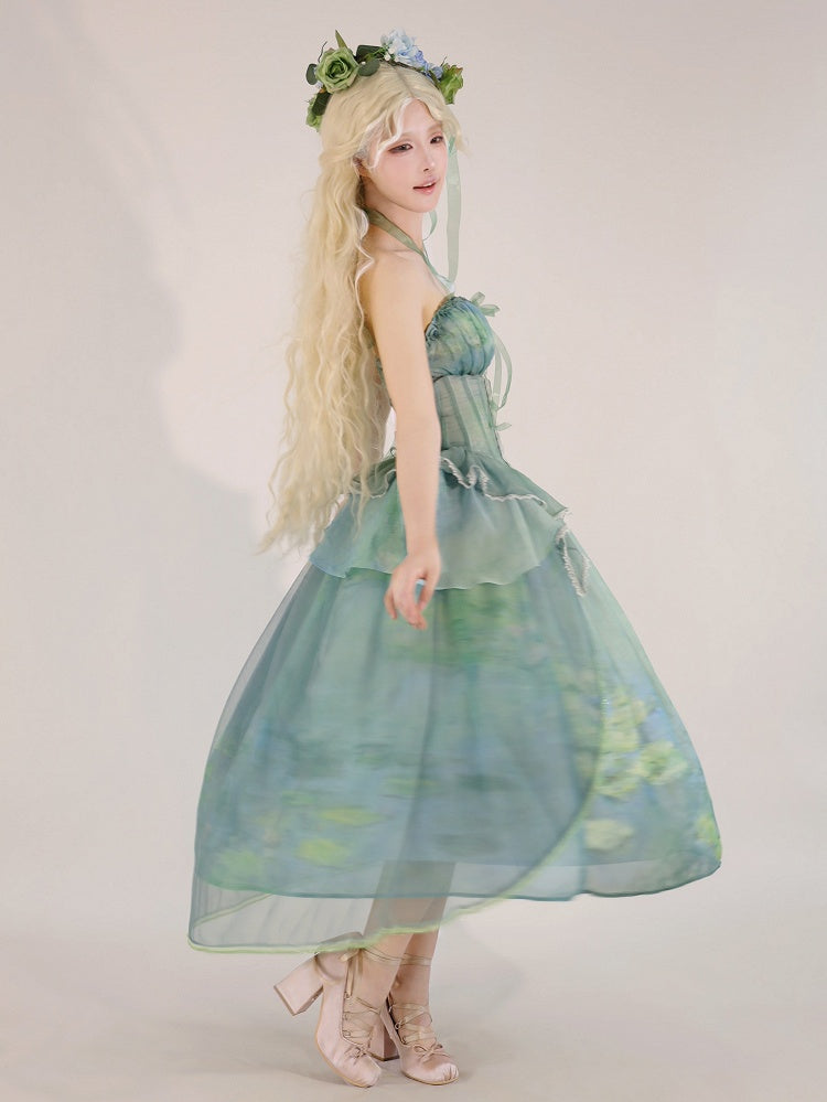 Fairy Oil Tiered Flounce Hem Halter Boned Corset Top Green Painting Print