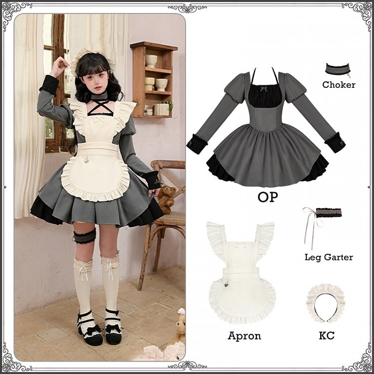 Apron KC Maid Short Dress OP - Black Lolita Gray Choker Leg + Garter Set