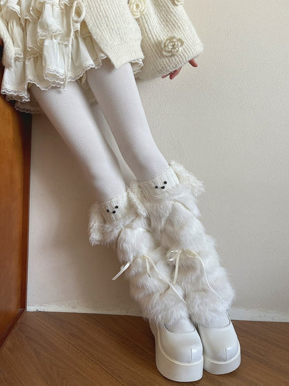 Leg Fur Bow Satin White Faux Accents Warmers with