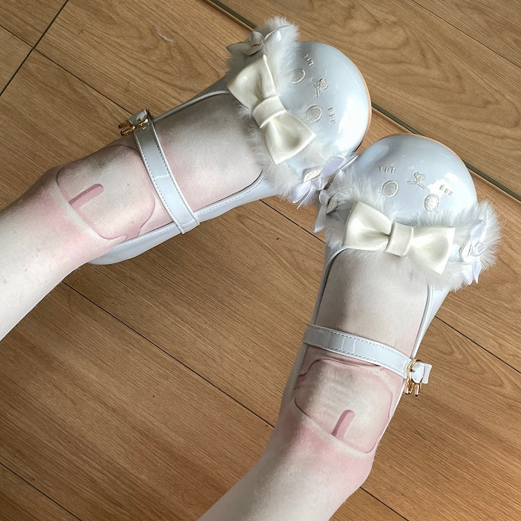 Blaue Schuhe Details Runde Zehenriemen Lolita Schnalle Ohr mit Bowknot Plüsch süßes Häschen