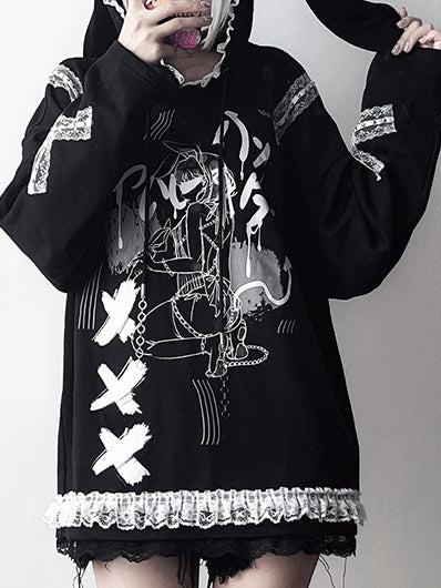 Hoodie with Bunny Ears  Criss-Cross Lace Detail Style White Landmine / Black