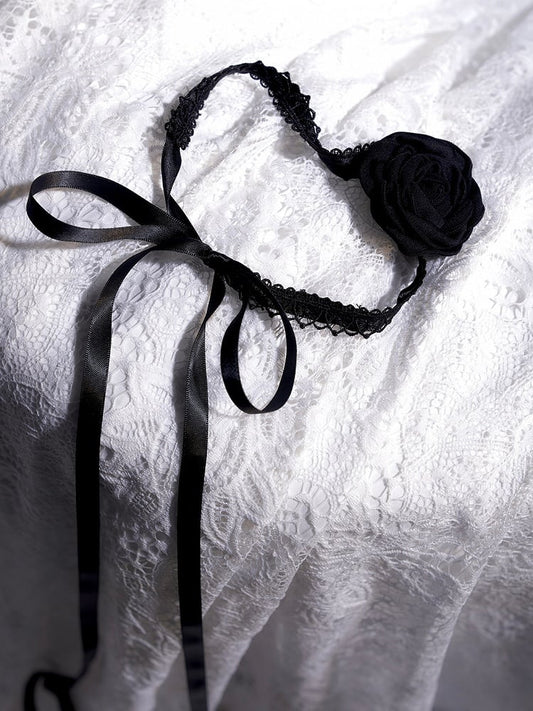 Lolita Black/Pink Accent Rose Lace Choker with