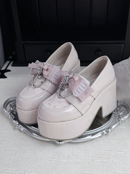 Bow Dusty Kei with 9.5cm Heel Jirai Shoes: Heart Platform Block Pink Top Rhinestone