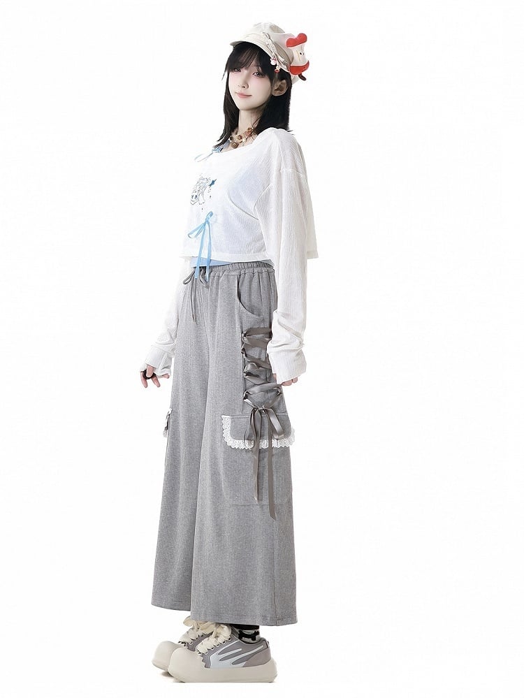 Graue Hose mit weitem Bein und Kordelzug in der Taille und seitlichen Schnürdetails