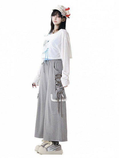 Graue Hose mit weitem Bein und Kordelzug in der Taille und seitlichen Schnürdetails