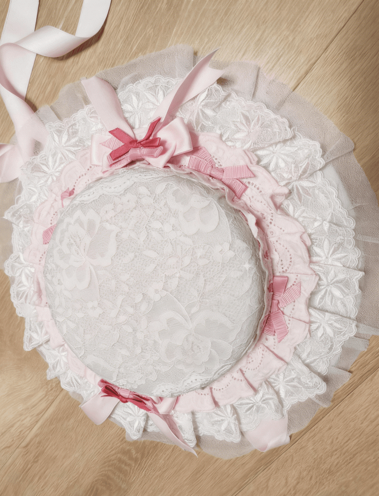Ribbon Lace Bowknot Lolita Hat White Sweet Flat Pink