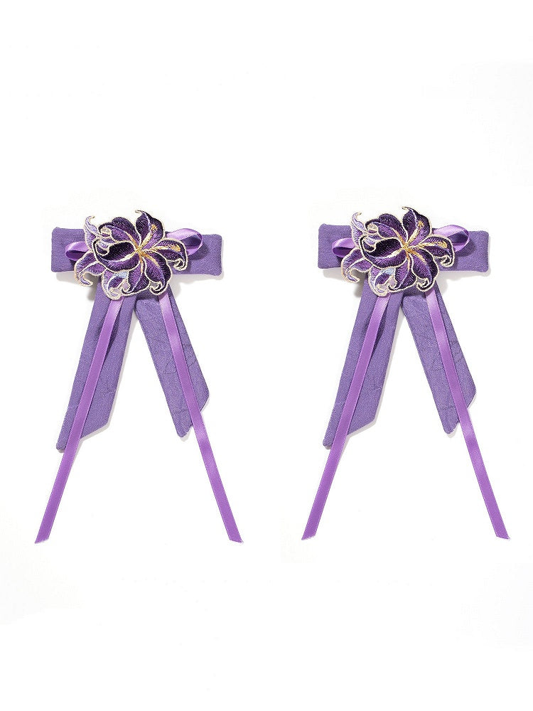 Purple Lolita Bow Brooch with Floral Embroidery Accents - Hua Xian Ji Hanfu