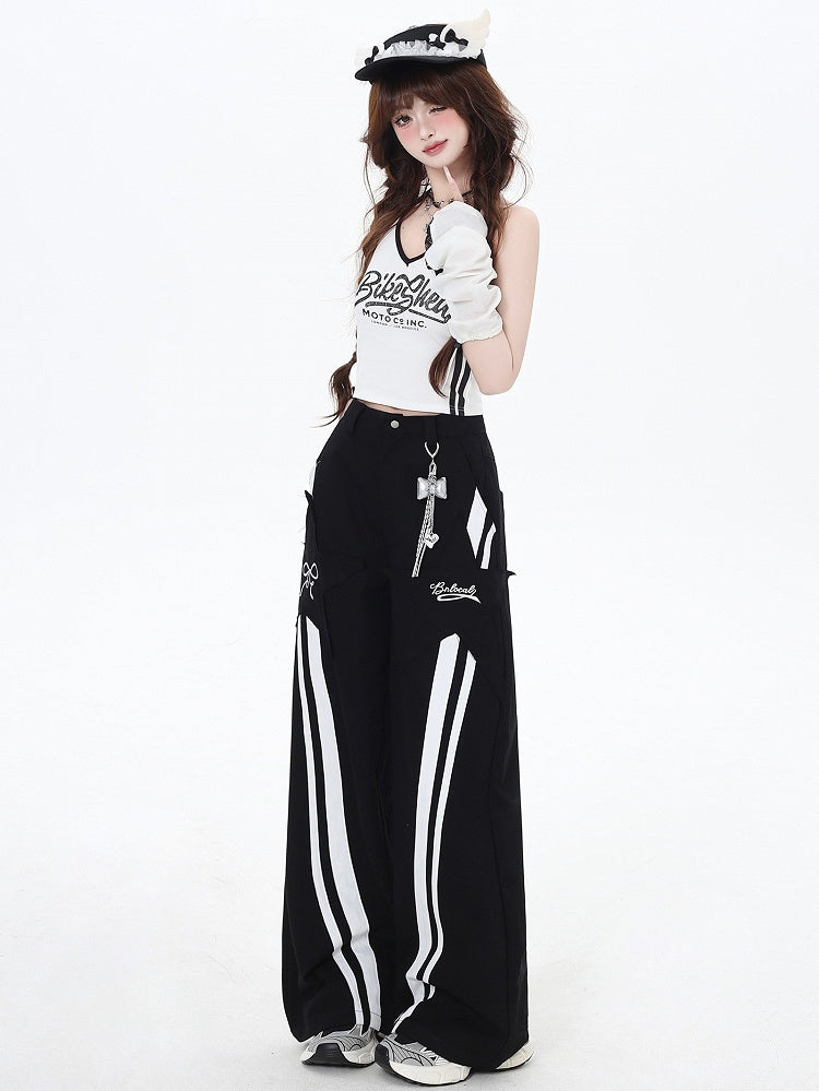 Black High-Waisted White Stripes Straight-leg Cut Pants