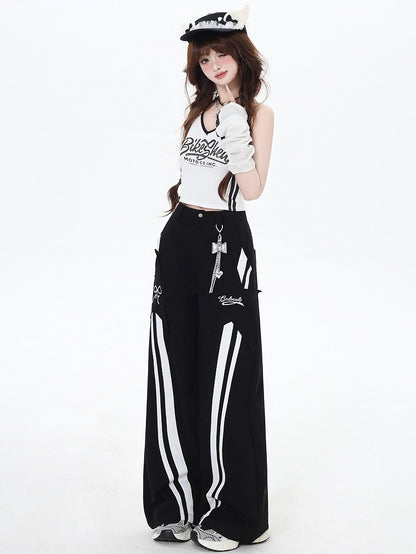 ブラックハイウエストホワイトストライプストレートレッグカットパンツ