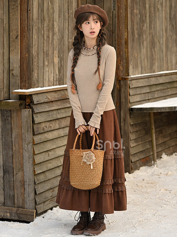 Brown Lace Trim Ankle Length Skirt