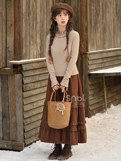 Brown Lace Trim Ankle Length Skirt