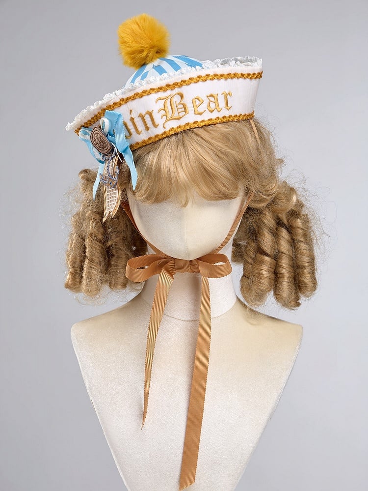 Bear Embroidered Sailor Lolita Hat with Pom-Pom - Twin Bear Original Design