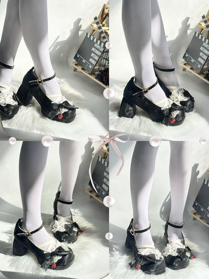 with Closure Lolita Sweet Straps Mary Crisscross Janes Black High-heel Strawberry Snap
