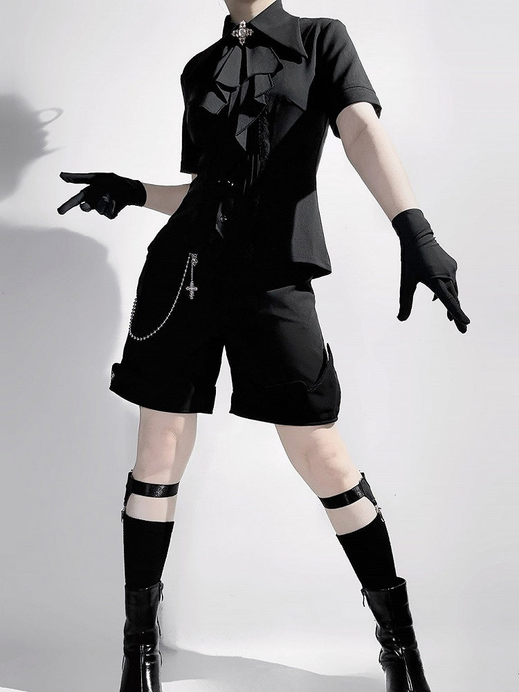 ジャボ ロリータ カラー ブラック フォールドオーバー ショート ファッション スリーブ シャツ 尖った王子