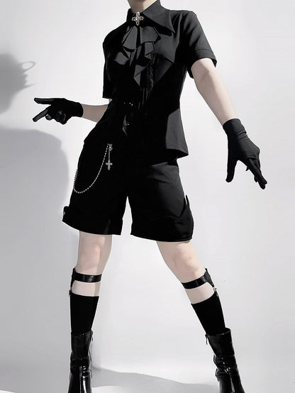 ジャボ ロリータ カラー ブラック フォールドオーバー ショート ファッション スリーブ シャツ 尖った王子