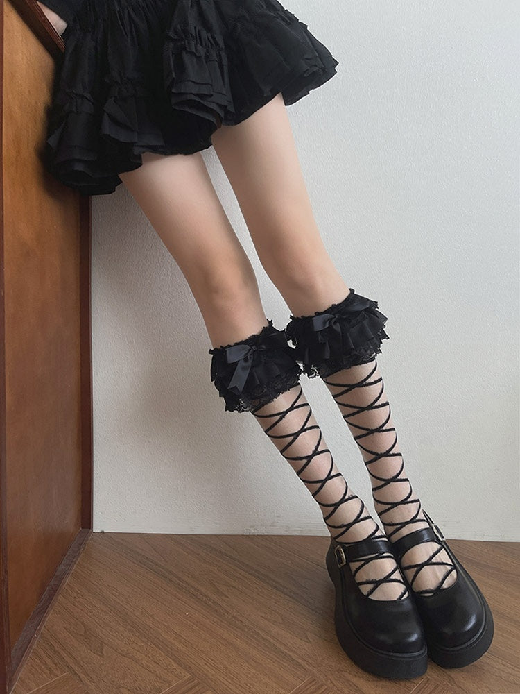 White/Black Underknee Banded Details Bowknot Stockings Crisscorss