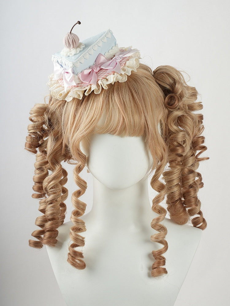 Sweet Lolita Blue and Pink Bow Ruffled Trim Triangular Cake Mini Hat