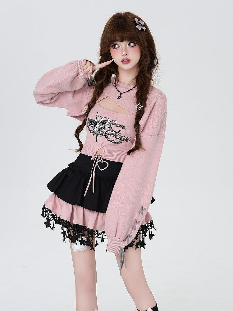 Pink Knit Shrug & Butterfly Cami Two-Piece Set with PU Buckle - CRAZY GIRL