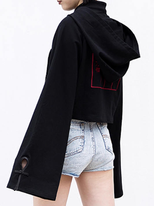 Front Baggy Long Cheongsam Hoodie Detail Crop Style and Sleeves Goth with Fringe Black