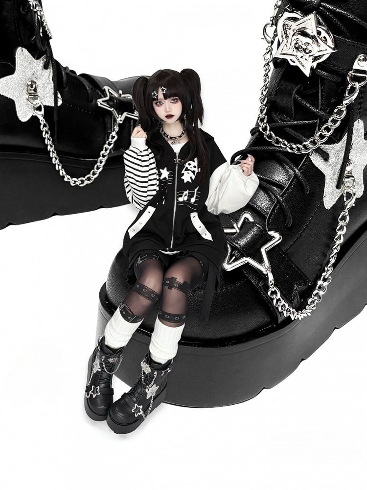 Star Details, Detachable Chains & Tri-Closure Design PU Black Platform Boots in Punk Style
