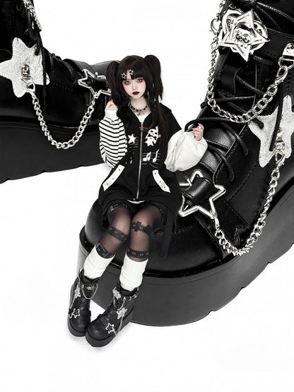 Star Details, Detachable Chains & Tri-Closure Design PU Black Platform Boots in Punk Style