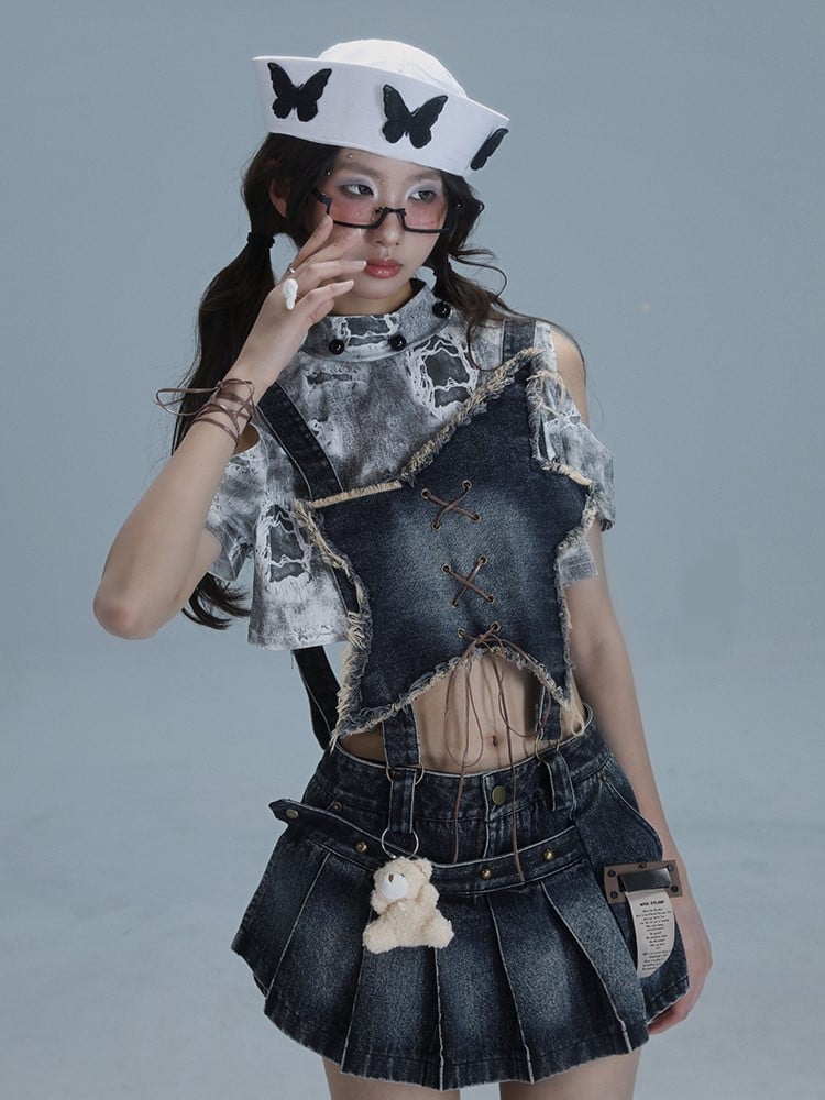 Blue Front Dusty Pleated Overall Shape Skirt with Punk Convertible Star Denim Distressed Dress