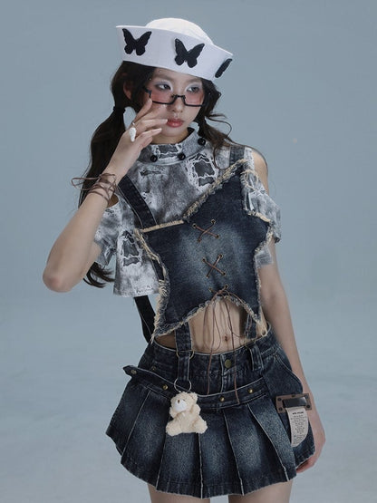 Blue Front Dusty Pleated Overall Shape Skirt with Punk Convertible Star Denim Distressed Dress