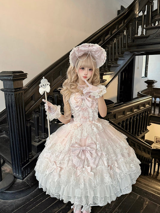 JSK Bow Full Multi-Layer Lolita Dress Back / Hanayome-Style With Trim Decor + Set Lace Pink