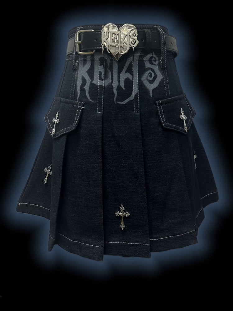 Y2K ダークブルー文字 クロスチャーム パンクロック デニム プリーツスカート