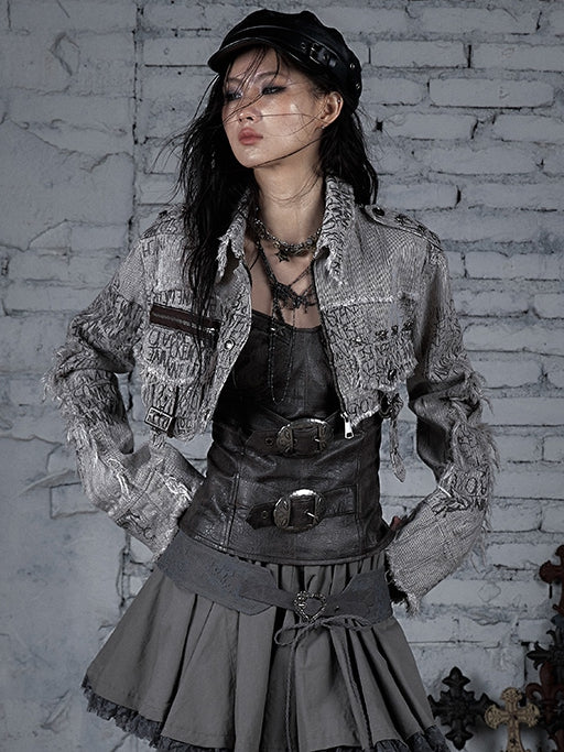 ウェイストランドジャケット ストライプ スケルトン ブラウン クロップド丈 装飾バックル＆パターン パンク