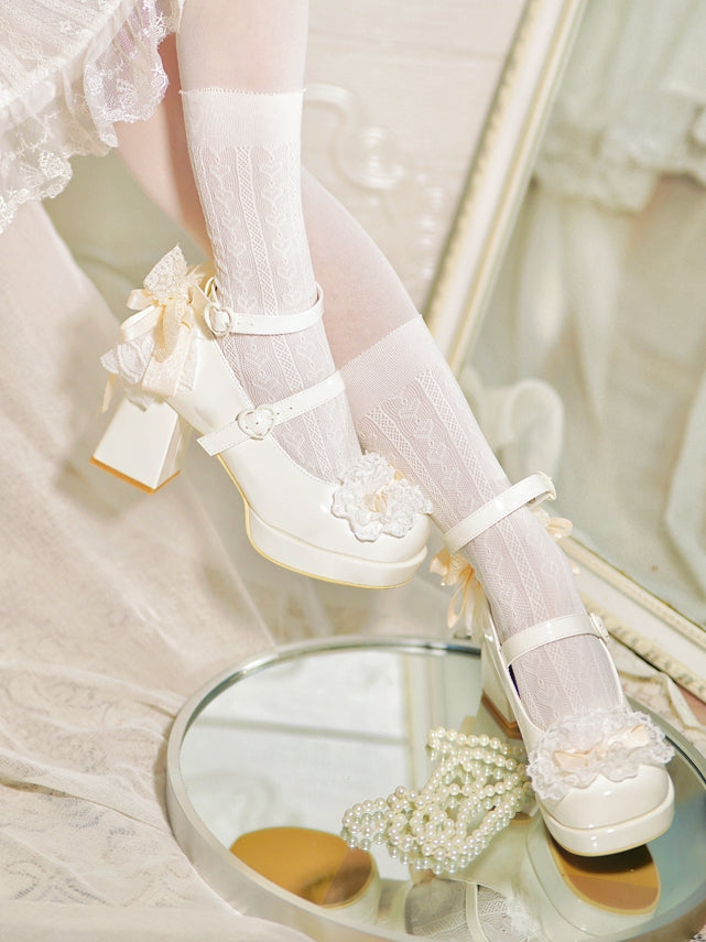 Buckles Trim Heart White Heels Bow at Lace High Top Knotted Block