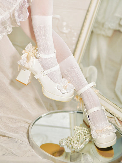Buckles Trim Heart White Heels Bow at Lace High Top Knotted Block