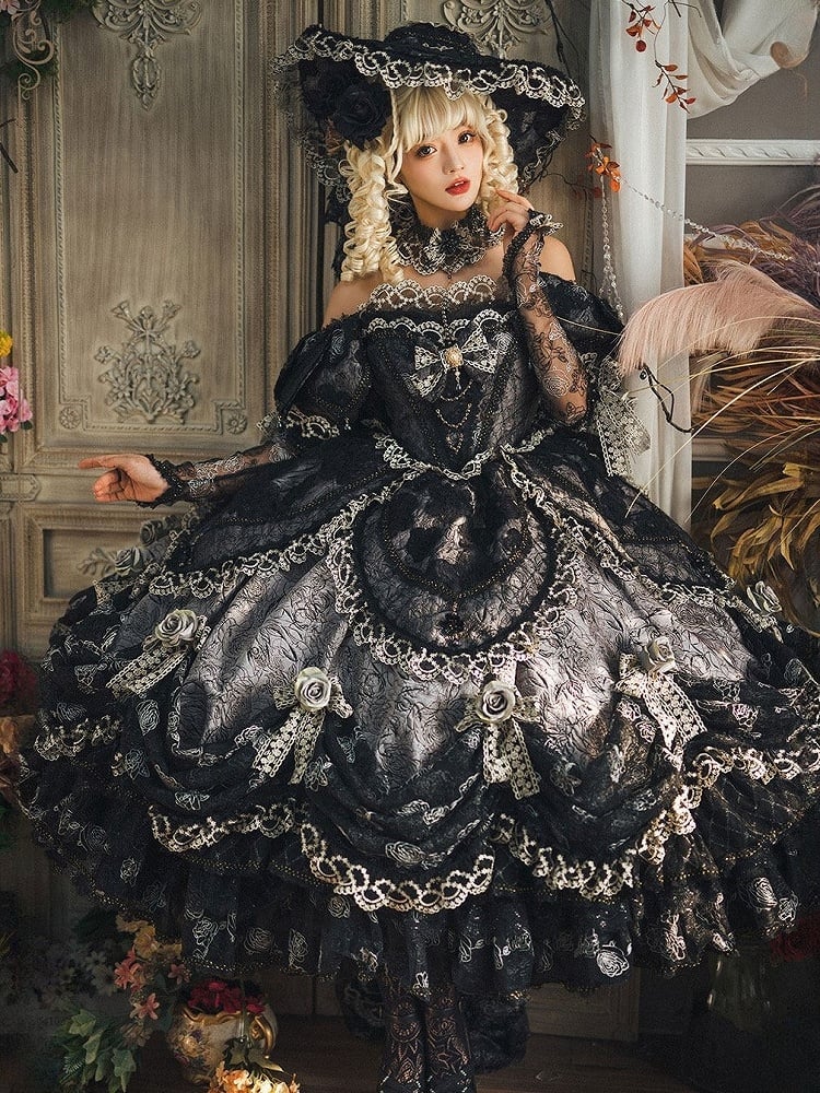 Gray Layered Lace Hanayome Details with Bow Ruffles Lolita Version Gown and Off-Shoulder Hime Black Short