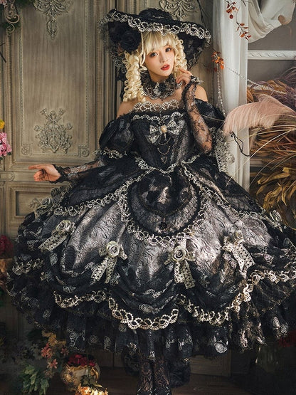 Gray Layered Lace Hanayome Details with Bow Ruffles Lolita Version Gown and Off-Shoulder Hime Black Short