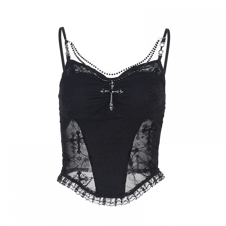 with Beaded Black Lace Patches Waist Cross Decorated Cami Top Chains