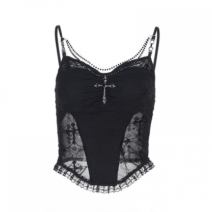 with Beaded Black Lace Patches Waist Cross Decorated Cami Top Chains