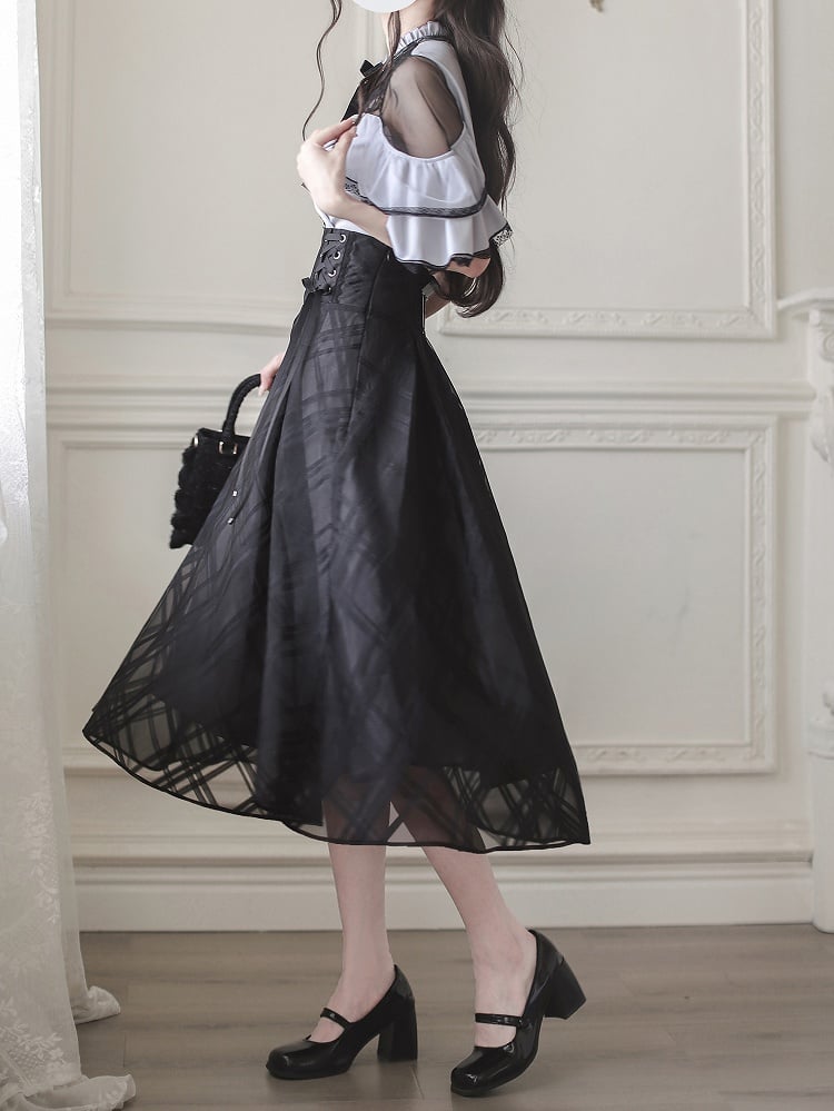 with Contrast Trim Jirai Kei Black Illusion Neckline and Purple Lace Cape Design Top