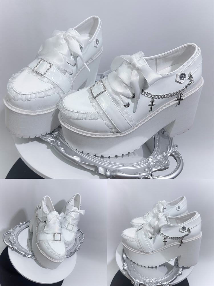 Jirai Kei Polished White Platform Shoes - PU Leather with Detachable Cross Chain, Rhinestone Buckle & Ribbon Lace-Up