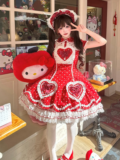 Lolita Dot Sweet Polka Sweetheart Dress Accents with Heart White Applique Red Bow