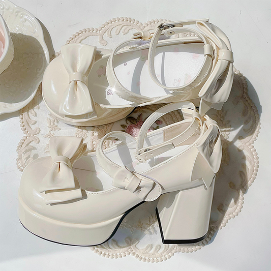 Apricot Bowknot Platform High Block Heels Lolita Shoes