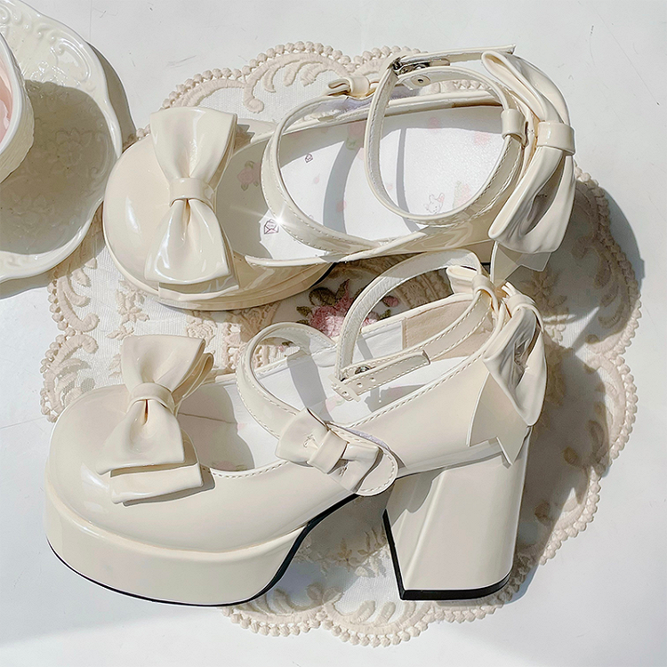Apricot Bow Platform High Block Heels Lolita Shoes