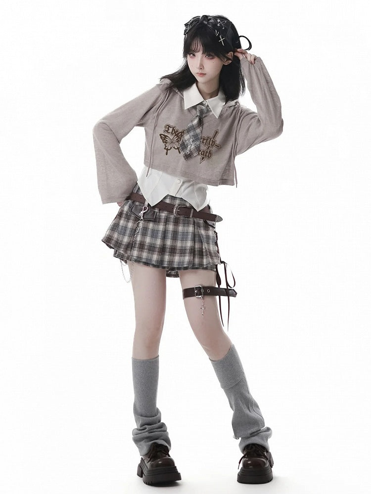 Y2K Lace-up Black Detail Plaid Skort with Buckle Belt and Chain White/ Khaki
