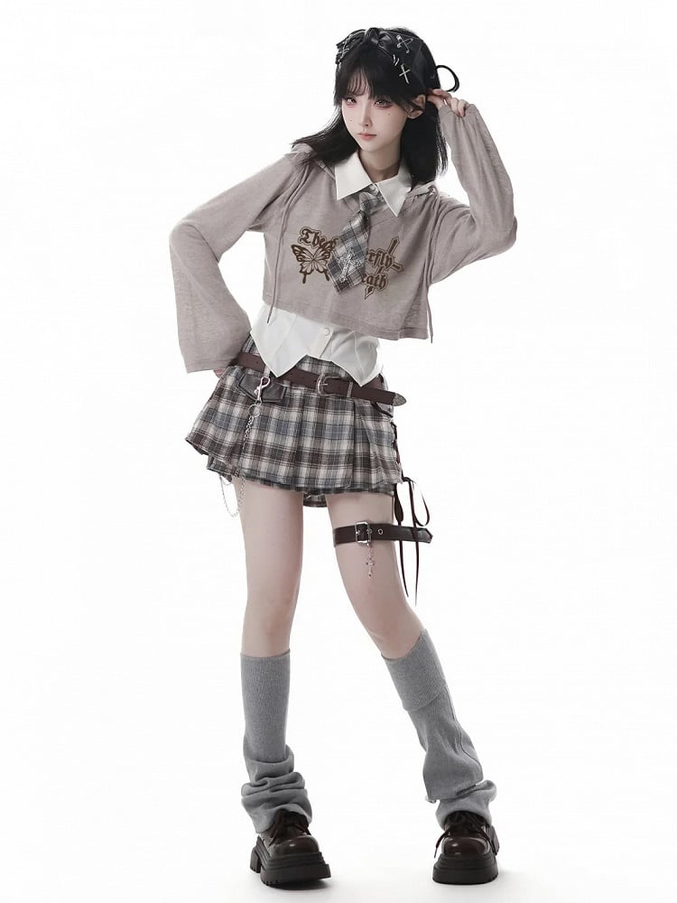 Knit Coverup Gray/Khaki V-neck Butterfly Print Hooded