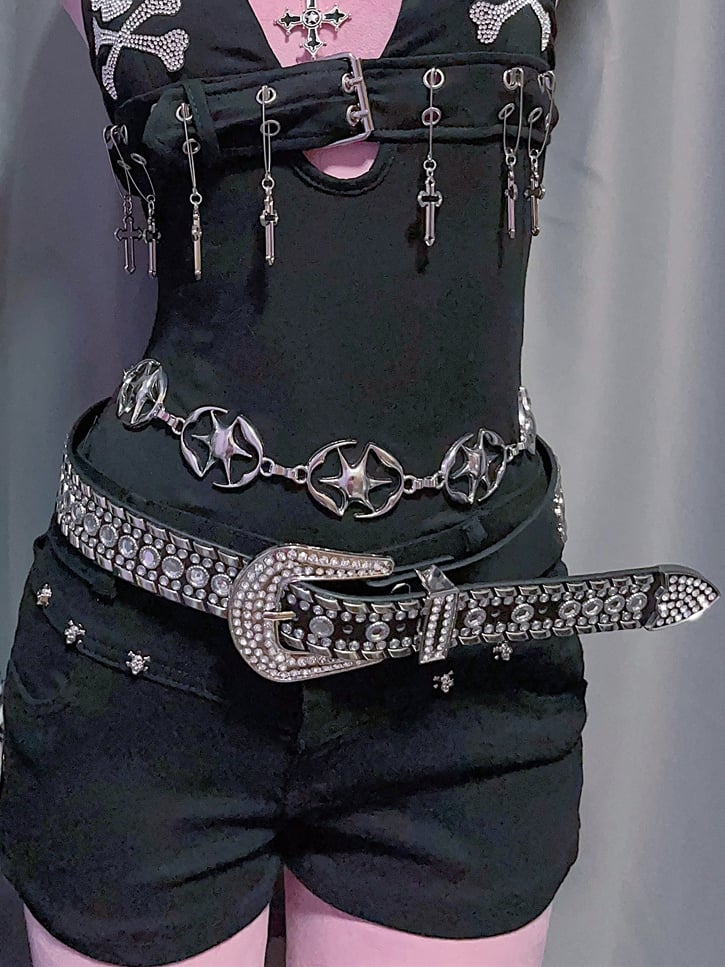Punk Details Studs Waist Belt Decorated Rhinestone Black/White